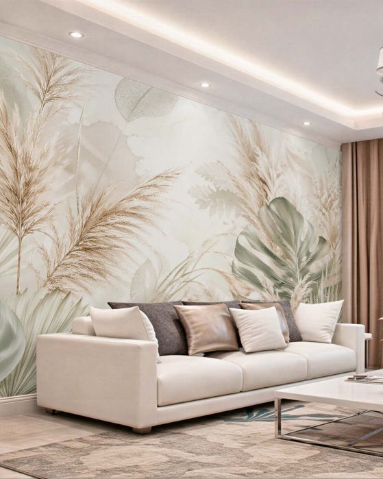 Fototapeten Beige Blätter und Pampasgras Boho