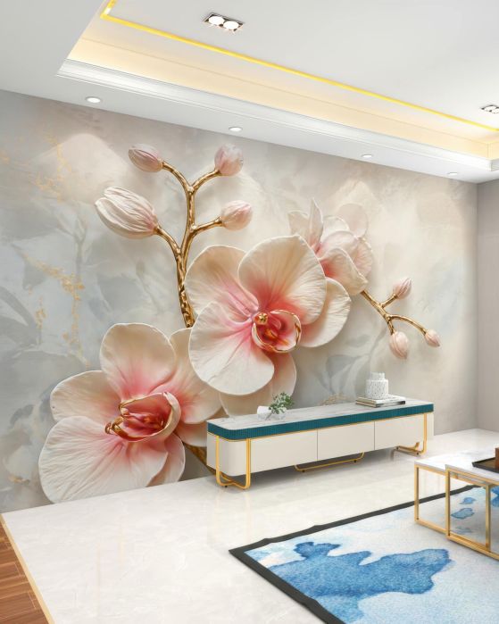 Fototapeten Puderorchidee mit goldenen Zweigen