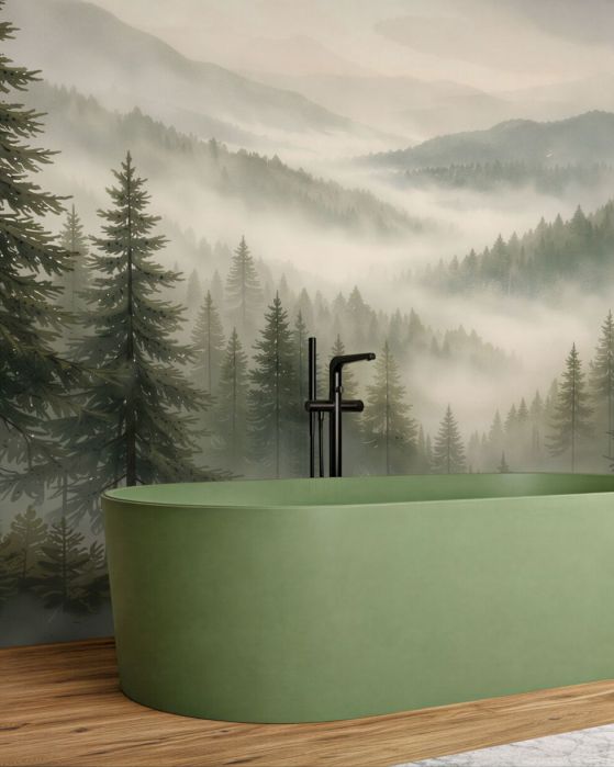 Fototapeten Nebeliger Bergwald im Morgengrauen