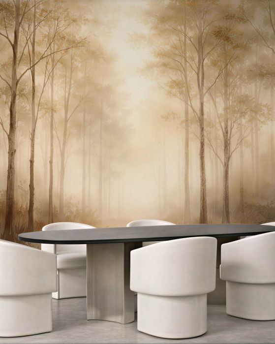 Fototapeten Goldener Wald im Morgennebel