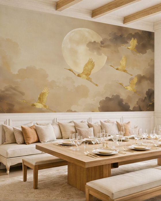 Fototapeten Goldene Kraniche bei Vollmond