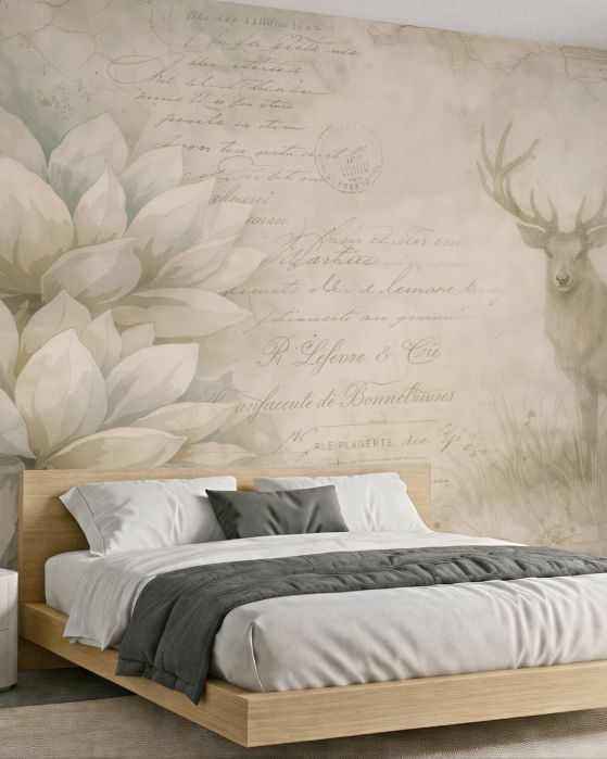 Fototapeten Vintage-Magnolien mit würdigem Hirsch