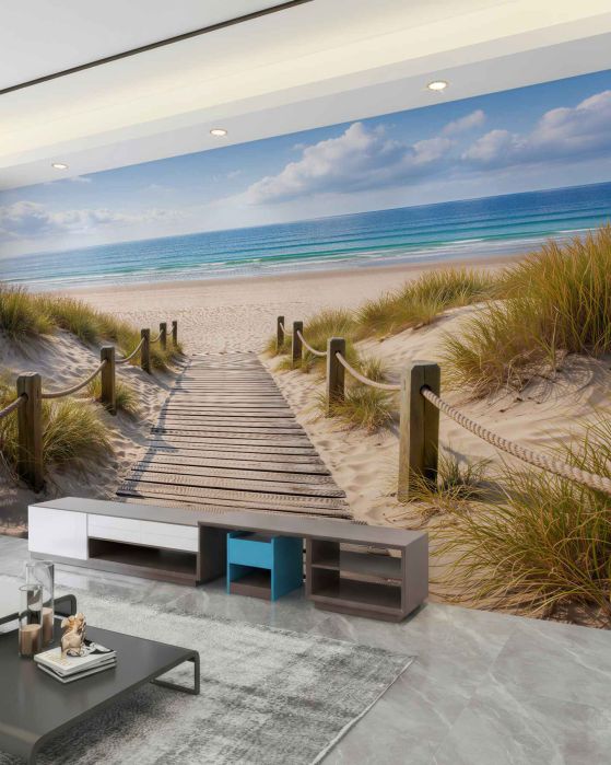 Fototapeten Holzweg zum ruhigen Strand