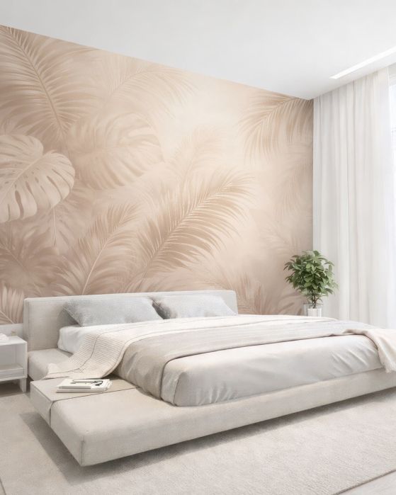 Fototapeten Beige tropische Blätter in subtilem Glanz