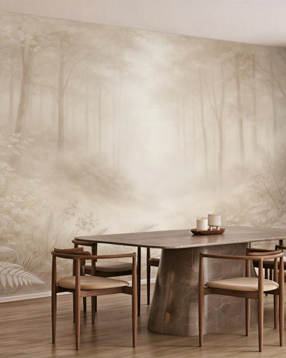 Fototapeten Waldnebel in cremefarbenem Glanz