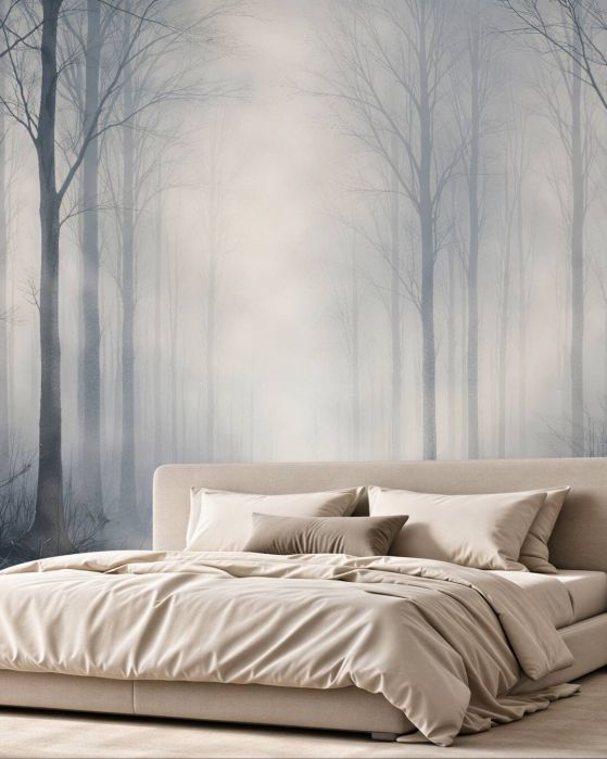 Fototapeten Winterwald im blauen Nebel
