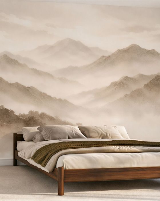 Fototapeten Beige Berge im milchigen Nebel