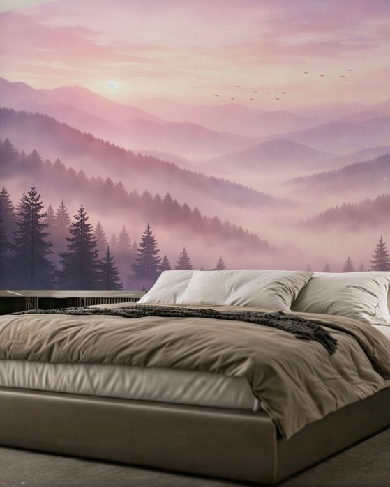Fototapeten Rosa Morgenröte über nebligen Bergen