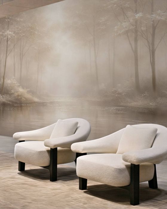 Fototapeten Goldener Nebel über dem Waldfluss