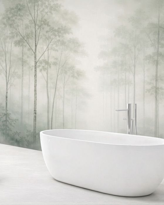 Fototapeten Ätherischer Wald im pastellfarbenen Nebel