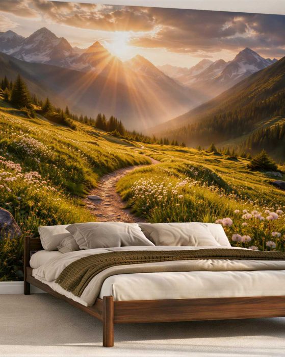 Fototapeten Sonniger Pfad im Bergtal