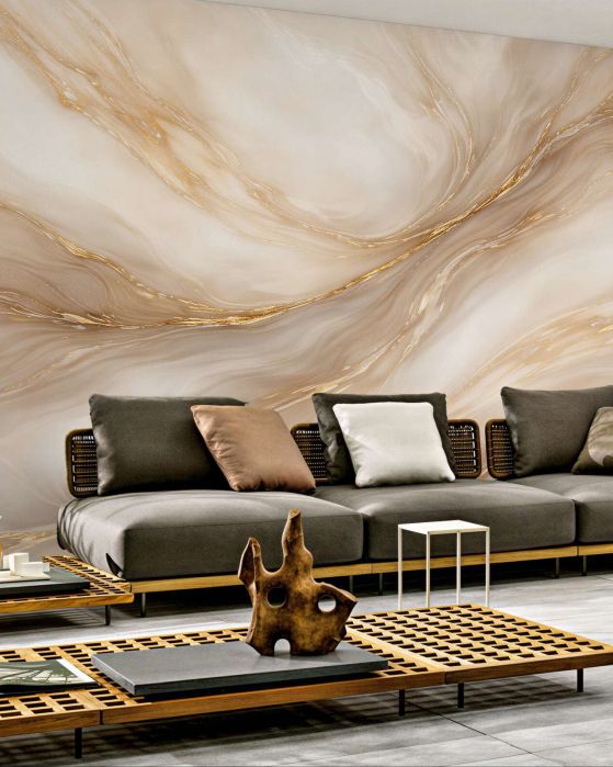 Fototapeten Goldene Adern in cremigem Marmor