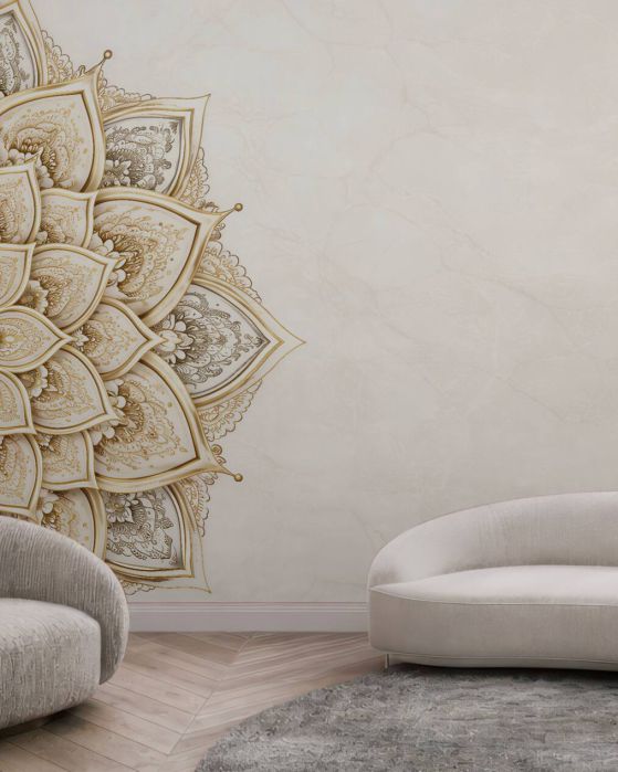 Fototapeten Goldene Mandala auf hellem Marmor
