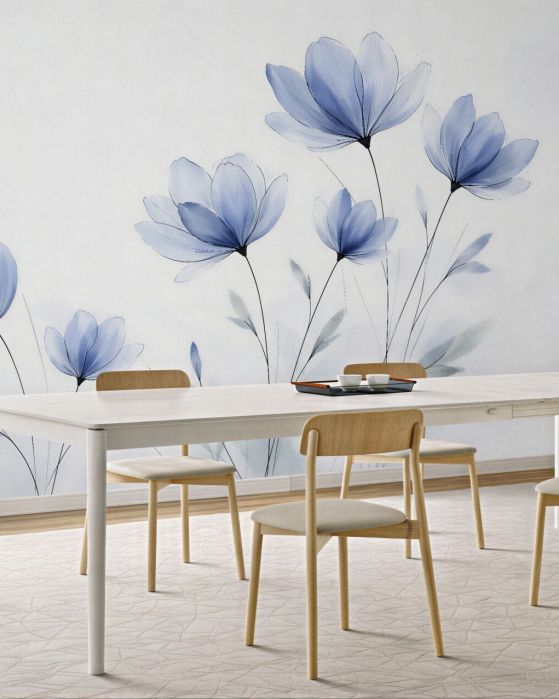 Fototapeten Blaue Blumen im zarten Nebel