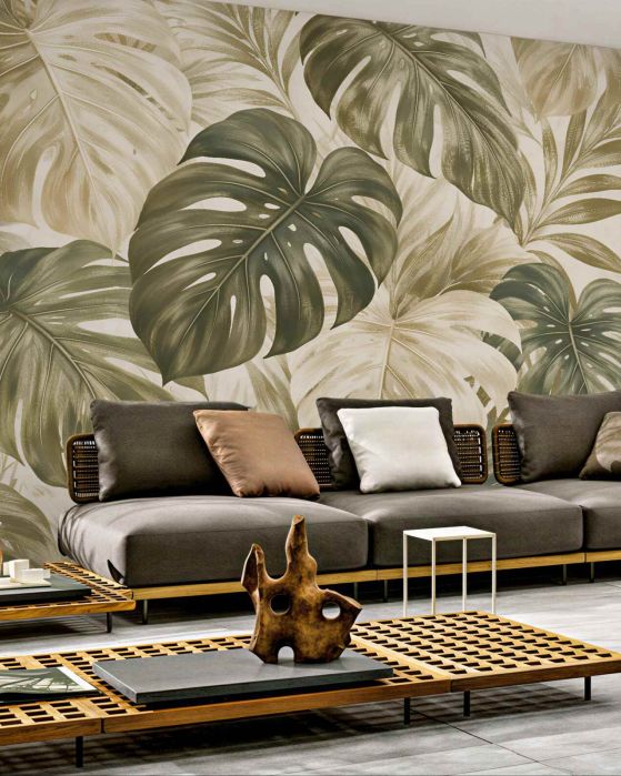 Fototapeten Beige Monstera-Blätter im Retro-Stil