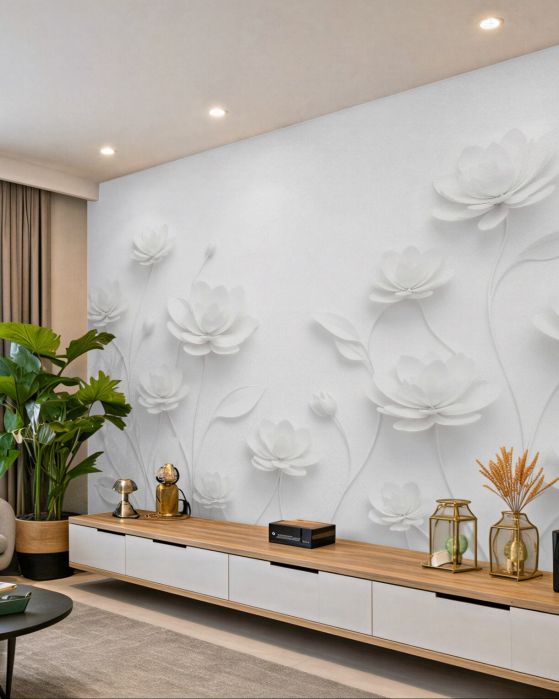 Fototapeten Weiße Blumen in subtilem 3D