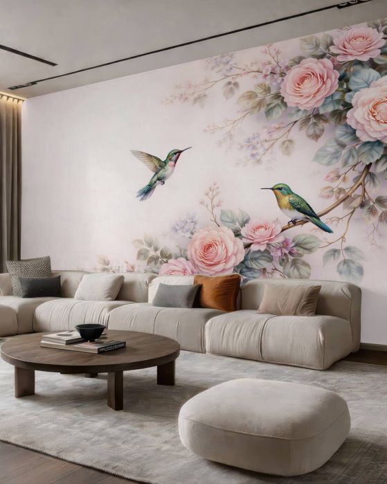 Fototapeten Kolibris unter pastellfarbenen Rosen