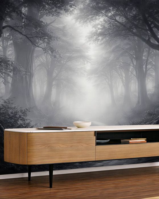 Fototapeten Düsterer Waldweg im Nebel