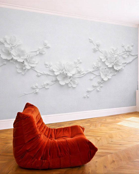 Fototapeten Weiße Blumen auf einem Ast 3D
