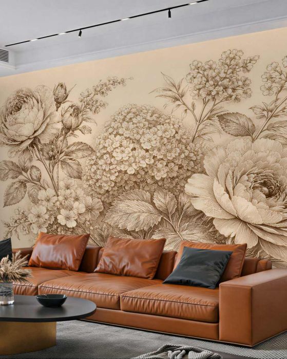 Fototapeten Florale Skizze in Sepia