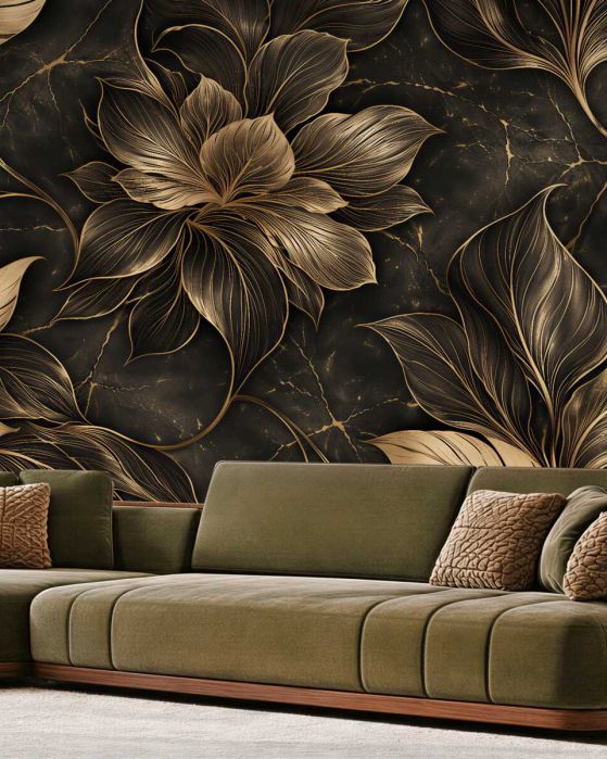 Fototapeten Goldene Blumen auf schwarzem Marmor