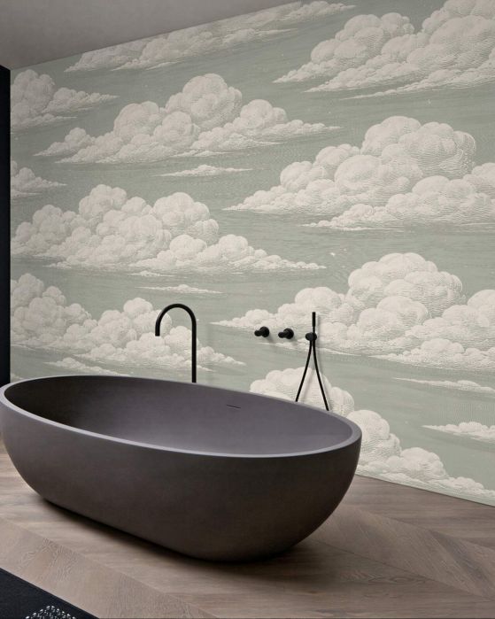 Fototapeten Flauschige Wolken am salbeigrünen Himmel