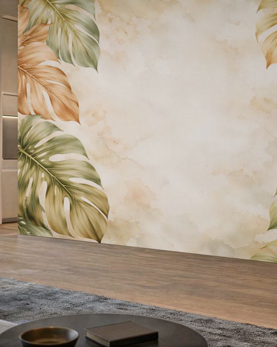 Fototapeten Tropische Monstera-Blätter in Beige