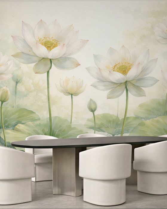 Fototapeten Weiße Lotusblüten im Aquarellteich