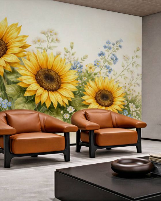Fototapeten Sonnenblumen auf pastellfarbener Wiese