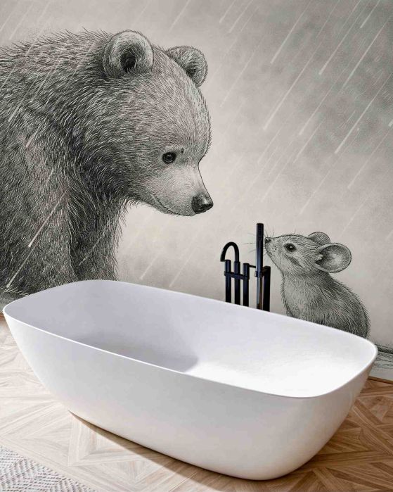 Fototapeten Bär und Maus im Regen