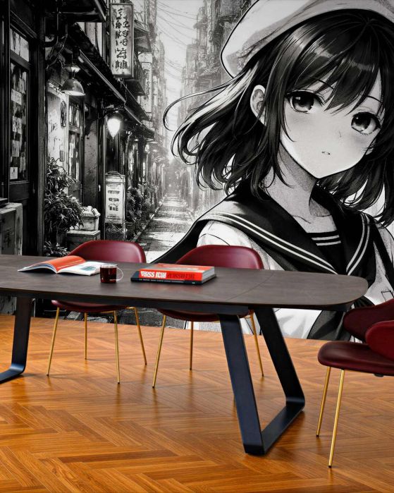 Fototapeten Manga-Mädchen in einer städtischen Gasse