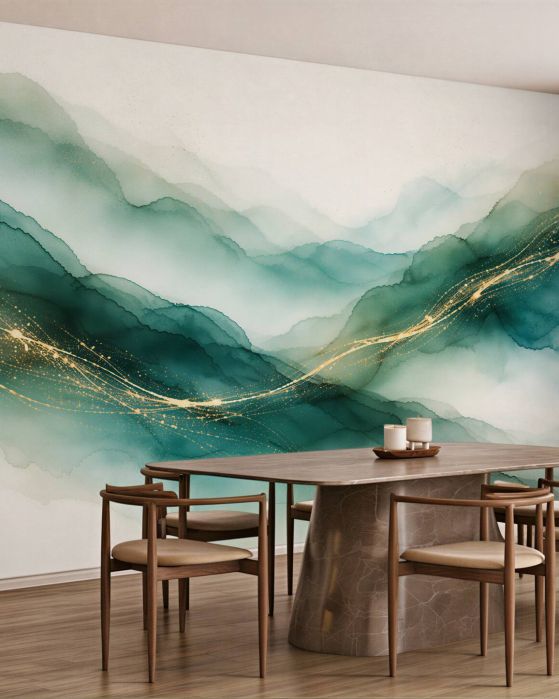 Fototapeten Smaragdgrüne Züge einer Berg-Aquarellmalerei