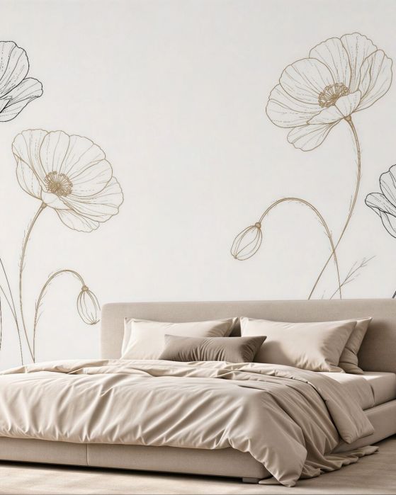 Fototapeten Zarte Mohnblumen in linearer Skizze