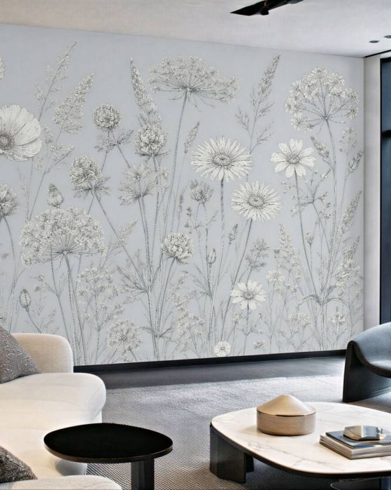 Fototapeten Blumenwiese in grauer Eleganz