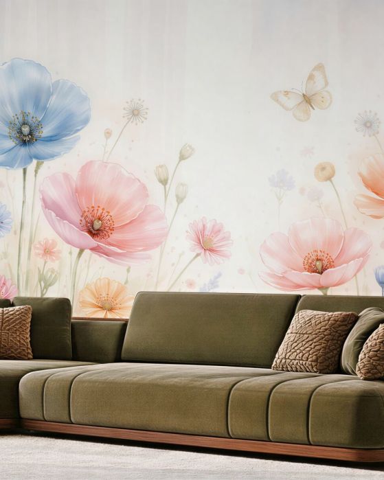 Fototapeten Pastellwiese voller Blumen