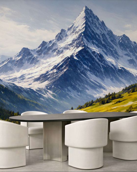 Fototapeten Alpenlandschaft mit schneebedecktem Gipfel