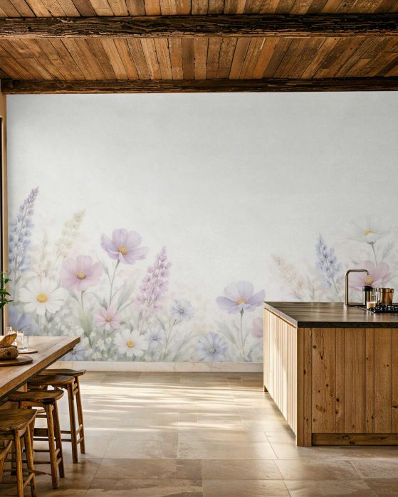 Fototapeten Zarte Wiese mit pastellfarbenen Blumen