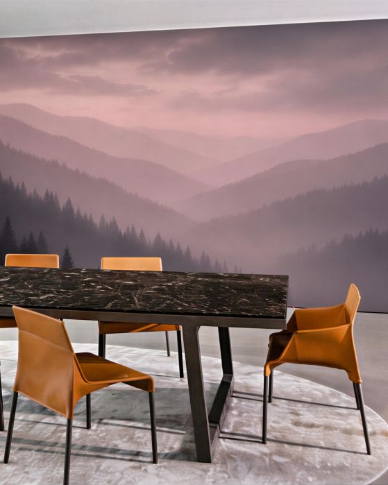 Fototapeten Nebliges Tal im rosa Morgengrauen
