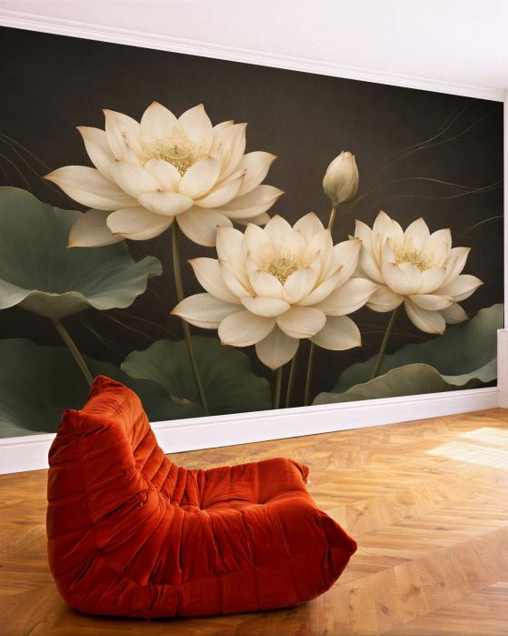 Fototapeten Cremefarbene Lotusblüten im eleganten Stil