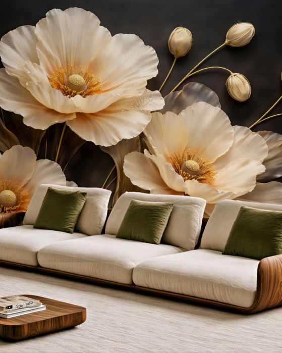 Fototapeten Goldene Blumen auf schwarzem Hintergrund