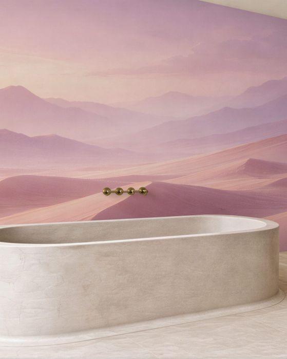 Fototapeten Rosa Dünen und Bergnebel