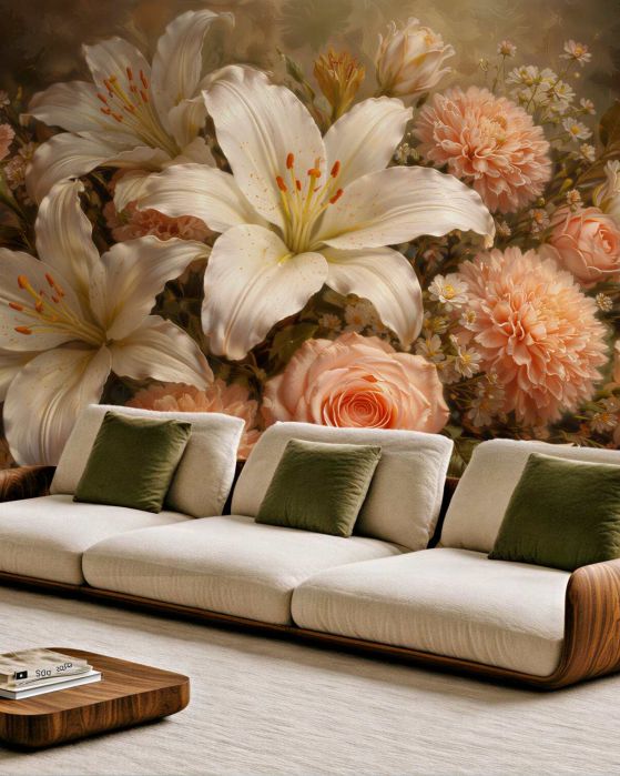 Fototapeten Eleganter Blumenstrauß aus Lilien und Rosen