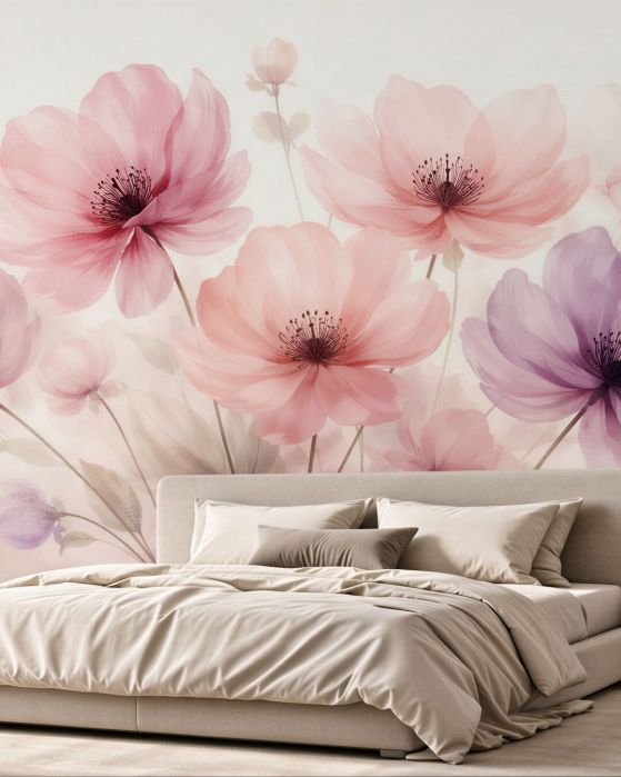 Fototapeten Pastellfarbene Blumen im Aquarellschleier