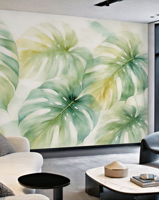 Fototapeten Aquarellierte Monstera-Blätter in Grün