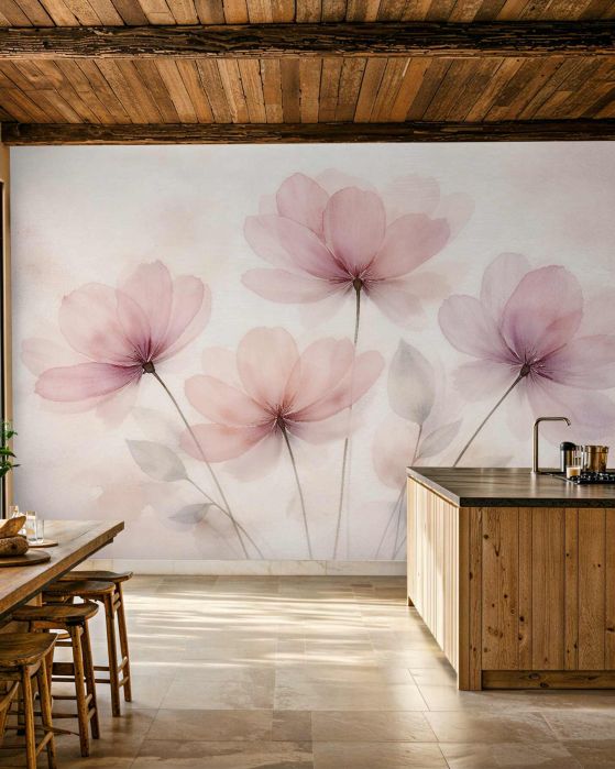 Fototapeten Puderfarbene Blumen in leichter Aquarellmalerei