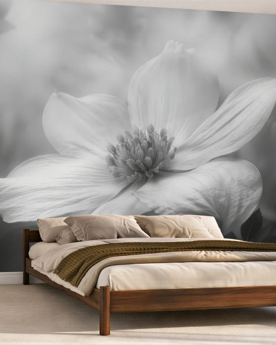 Fototapeten Weiße Blume im grauen Nebel
