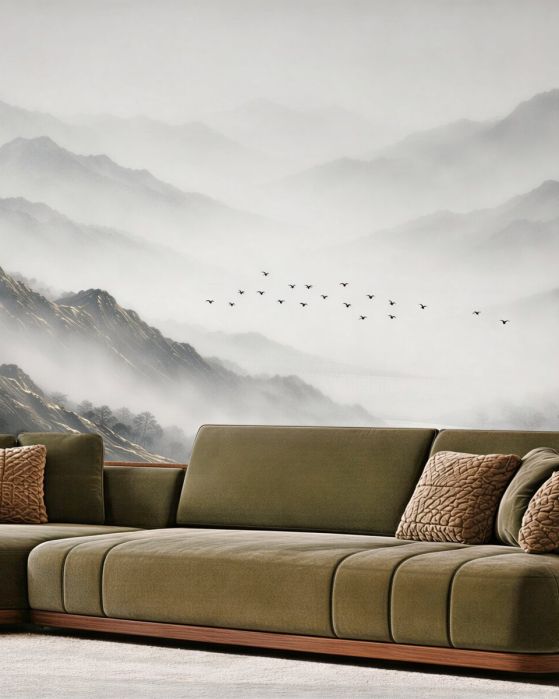 Fototapeten Berge im Nebel über dem See
