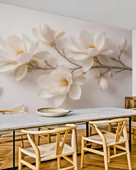 Fototapeten Cremefarbene 3D-Magnolie am Ast