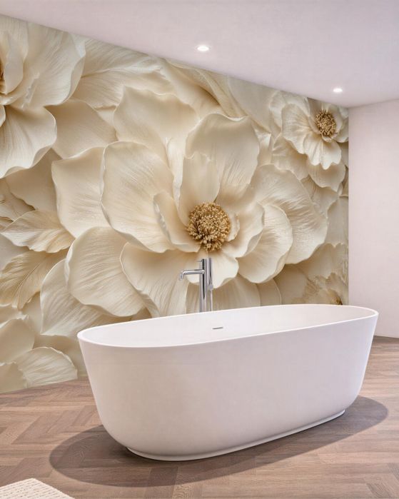 Fototapeten Luxuriöse Blumen im cremefarbenen Relief