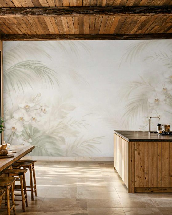 Fototapeten Cremefarbene Orchideen und Palmblätter